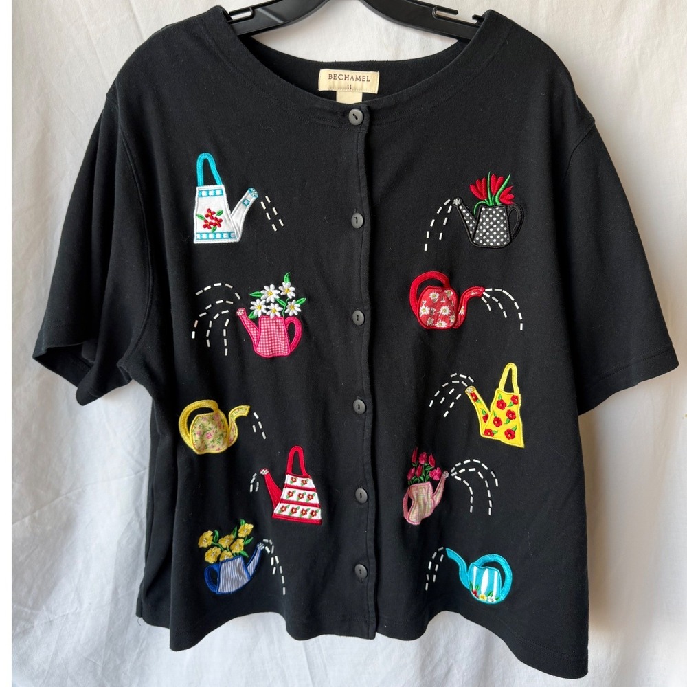 100% Cotton Bechamel Watering Can Embroidered Button Front Top Black Plus 2X